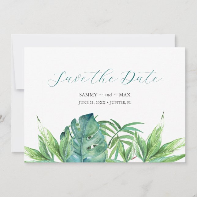 Save The Date Tropical Chic Aquarelle Verdure Enregistrez la Dat (Devant)