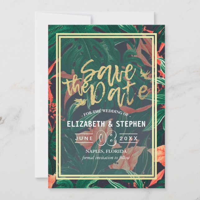 Save The Date Tropical Floral & Gold Frame Wedding Enregistrer L (Devant)