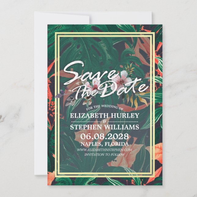 Save The Date Tropical Floral & Gold Frame Wedding Enregistrer L (Devant)