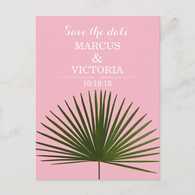 Save the Date Tropical Palm Frond Leaf Wedding Ankündigungspostkarte (Vorderseite)