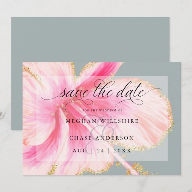 Save The Date Tropical Rustique Aquarelle Fleur Rose Sauvez Les  (Devant / Derrière)