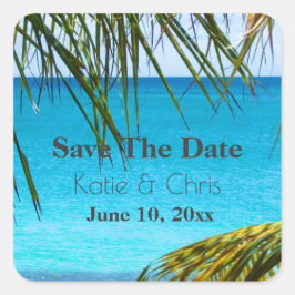 Save the Date tropischer Himmelsstrand und Palmfro Quadratischer Aufkleber