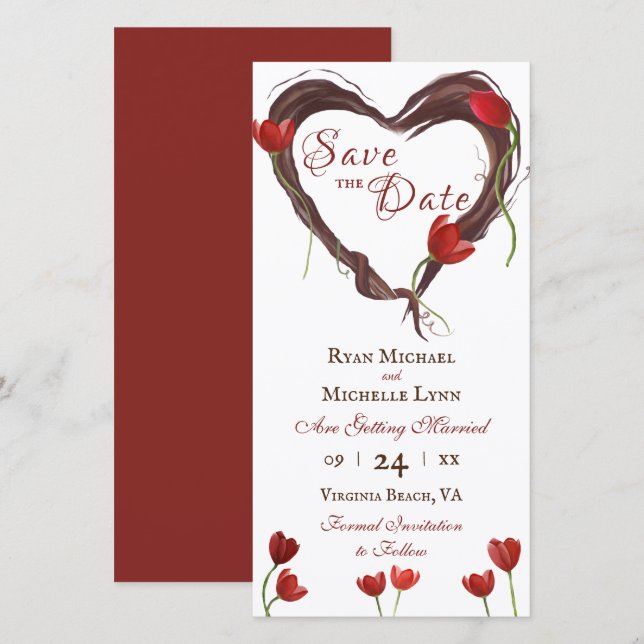 Save The Date Tulipes rouges, couronne de coeur d'amour avec Mar (Devant / Derrière)