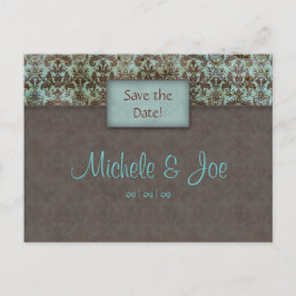 Save the Date Türkis Brown Damask Postkarte