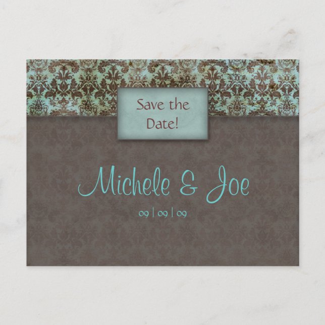 Save the Date Türkis Brown Damask Postkarte (Vorderseite)
