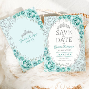 Save The Date Turquoise Argent Floral Quinceanera