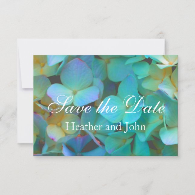Save The Date Turquoise bleu jaune rose hydrangée fleurs florale (Devant)
