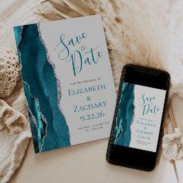 Save The Date Turquoise Blue Silver Agate Gris Enregistrer la ca