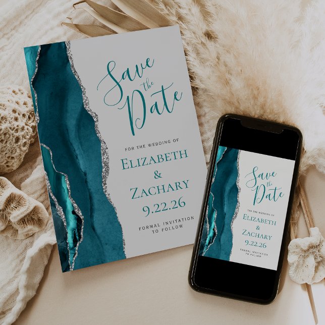 Save The Date Turquoise Blue Silver Agate Gris Enregistrer la ca (Créateur téléchargé)