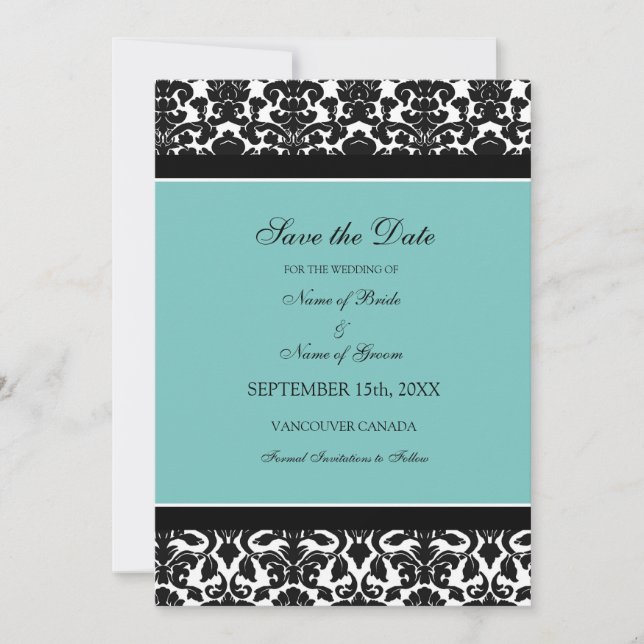 Save The Date Turquoise Damask Photo Wedding Enregistrer la cart (Devant)