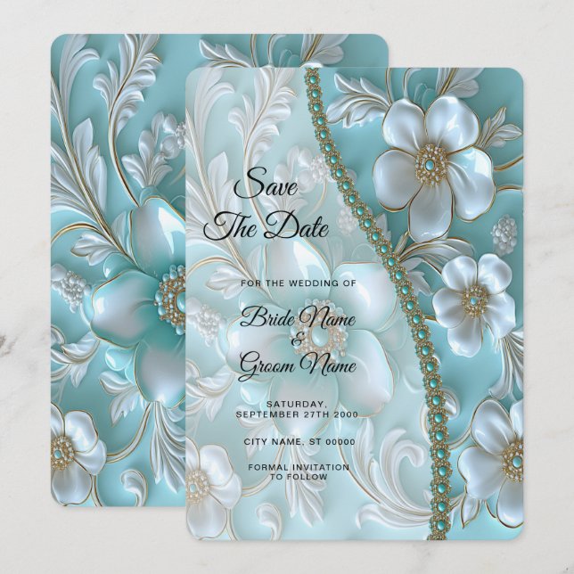 Save The Date Turquoise Floral Blanc Enregistrer La Date (Devant / Derrière)