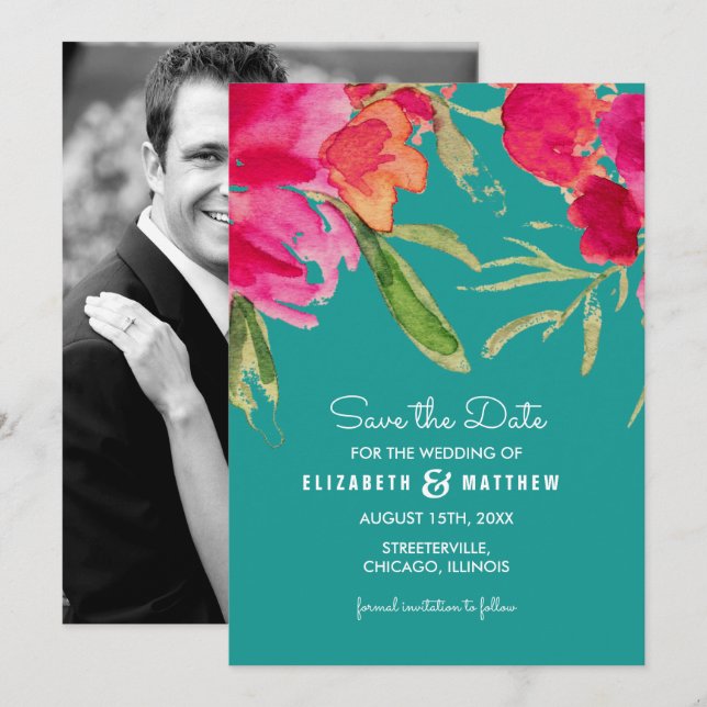 Save The Date. Turquoise Fuchsia Floral Cards Einladung (Vorne/Hinten)