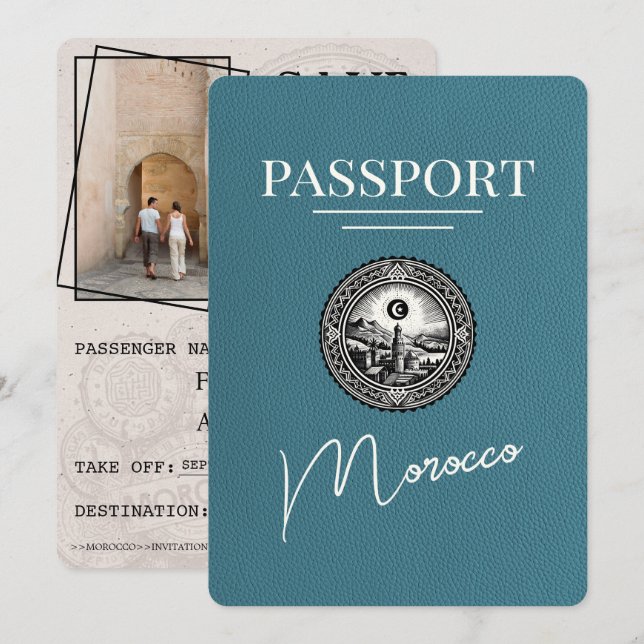 Save The Date Turquoise Maroc Passeport Enregistrer La Date (Devant / Derrière)