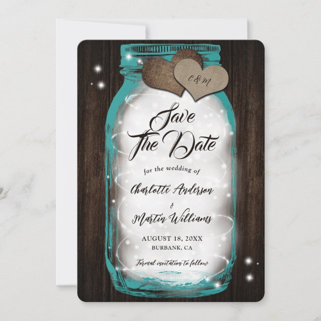 Save The Date Turquoise Mason Jar Chaîne Lumières Barre Mariage  (Devant)