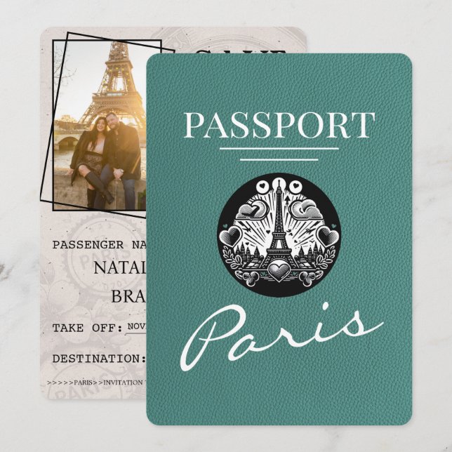 Save The Date Turquoise Paris Passport Enregistrer La Date (Devant / Derrière)