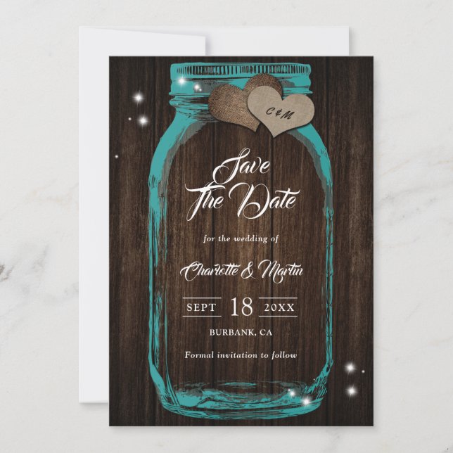 Save The Date Turquoise Rustique Burlap Coeurs Mason Jar Mariage (Devant)