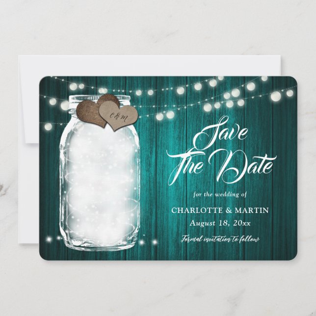 Save The Date Turquoise rustique Mason Jar Bois Chaîne Lumière M (Devant)