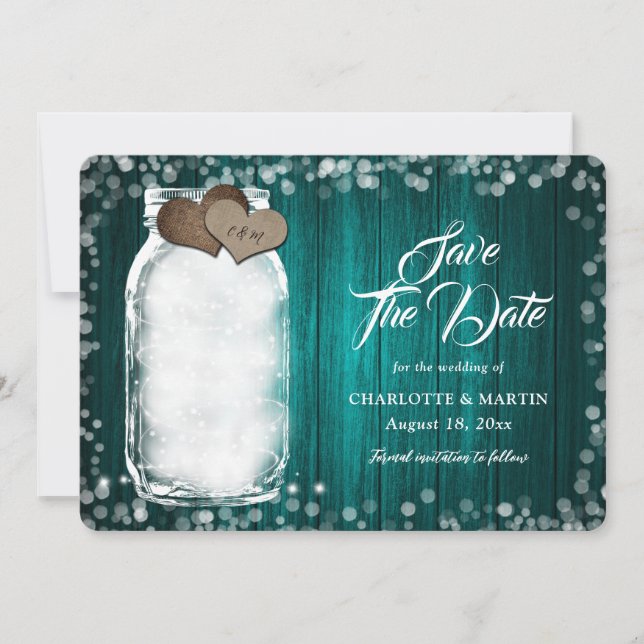 Save The Date Turquoise Rustique Mason Jar String Lumières Maria (Devant)