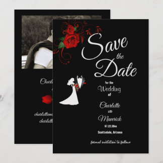 Save The Date Tuxedo Suit & Bride Silhouette Red Roses Mariage