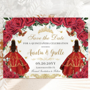 Save The Date Twins Quinceañera Princesses Roses rouges Floral O