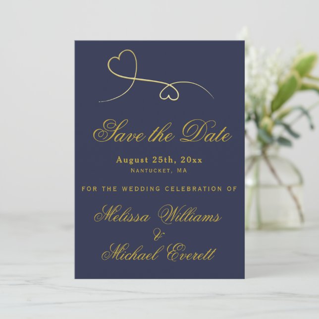 Save The Date | Two Gold Hearts Navy Blue Wedding (Stehend Vorderseite)
