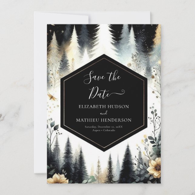 Save The Date Typographie Aquarelle Mariage forestier enchanté (Devant)