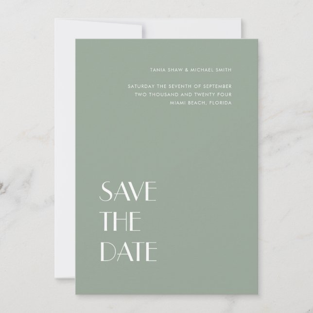 Save The Date Typographie Art Déco Sage Grey Mariage vert (Devant)