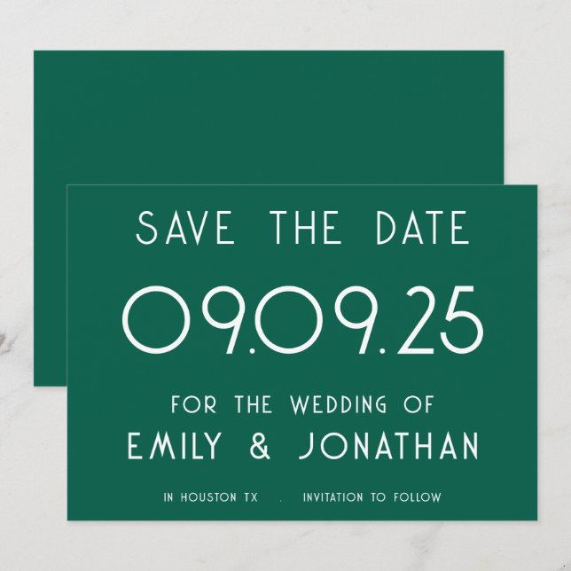 Save The Date Typographie blanche moderne Mariage émeraude (Devant / Derrière)