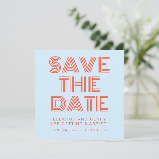 Save The Date Typographie disco rétro des années 70 Bleu orange  (Debout devant)