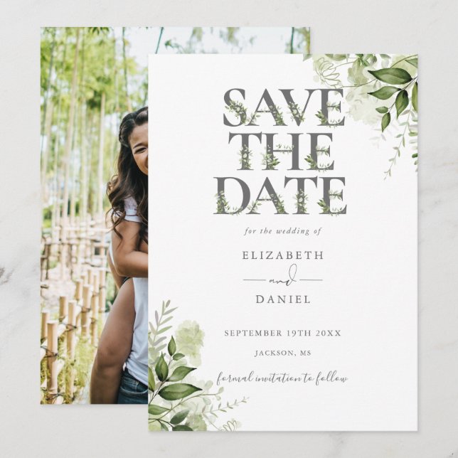 Save The Date Typographie florale de verdure Mariage photo (Devant / Derrière)