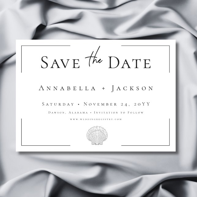 Save The Date Typographie minimale Mariage Shell noir et blanc (Minimal Typography Black & White Shell Wedding Save The Date)