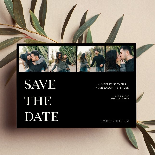 Save The Date Typographie moderne 4 photo collage noir mariage (Créateur téléchargé)