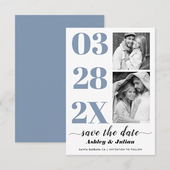 Save The Date Typographie moderne bleu et blanc poussiéreux deux (Devant / Derrière)