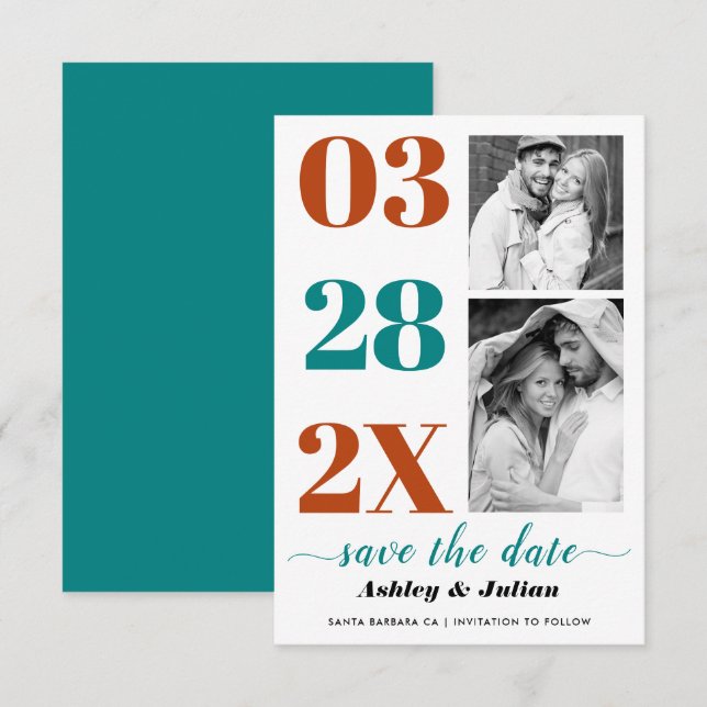 Save The Date Typographie moderne bleu turquoise et rouille deux (Devant / Derrière)