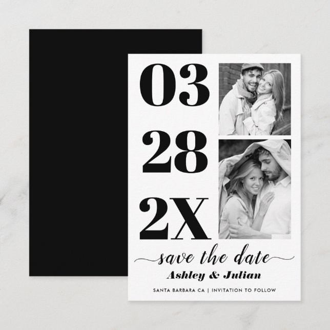 Save The Date Typographie moderne noir et blanc deux photos (Devant / Derrière)