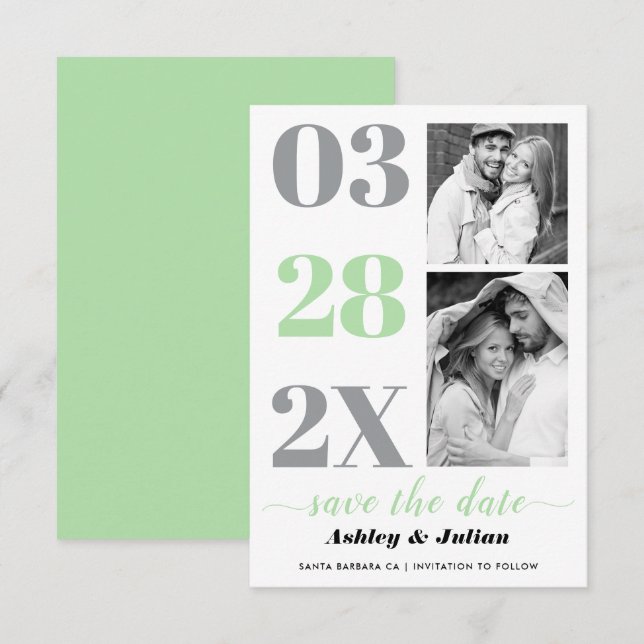 Save The Date Typographie moderne vert menthe, gris avec deux ph (Devant / Derrière)