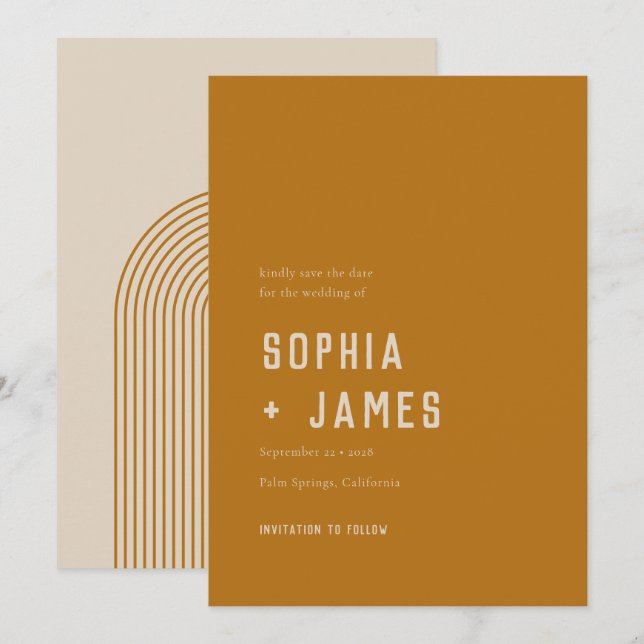 Save The Date Typographie orangée moderne Boho Arch Ochre (Devant / Derrière)