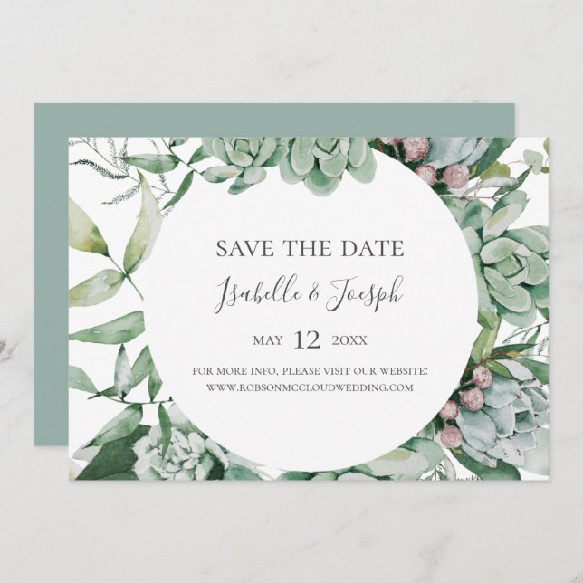 Save The Date Une verdure succulente | Sage horizontal Enregistr (Devant / Derrière)