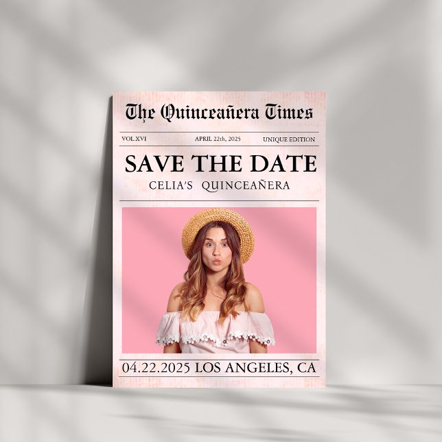 Save The Date Unique photo du journal moderne rose Quinceañera (Créateur téléchargé)