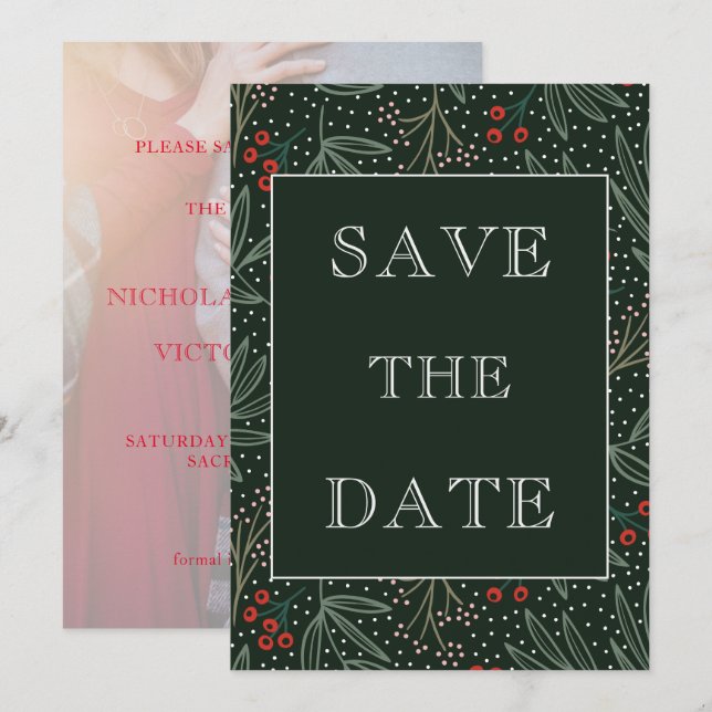 Save The Date Vacances Holly Berry Verdure Faux Vellum Photo (Devant / Derrière)
