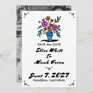 Save The Date Vase florale rustique Whimsical mignon Sketch B&W 