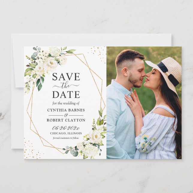 Save The Date Végétal blanc ivoire or Floral Photo géométrique (Devant)