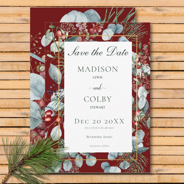 Save The Date Végétation de Noël d'hiver Mariage rouge (Winter Christmas Greenery Red Wedding Save The Date)