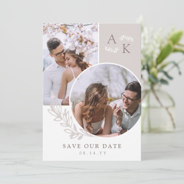 Save The Date Végétation Taupe Blanc Photos qui se chevauchent (Debout devant)