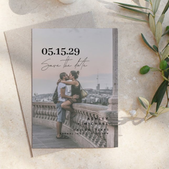 Save The Date Vellum Look Main Lettré Typographie Photo (Easily personalize this chic, stylish save the date card to create something uniquely yours)