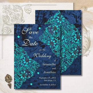 Save The Date Velvet Turquoise et marine Mariage de luxe