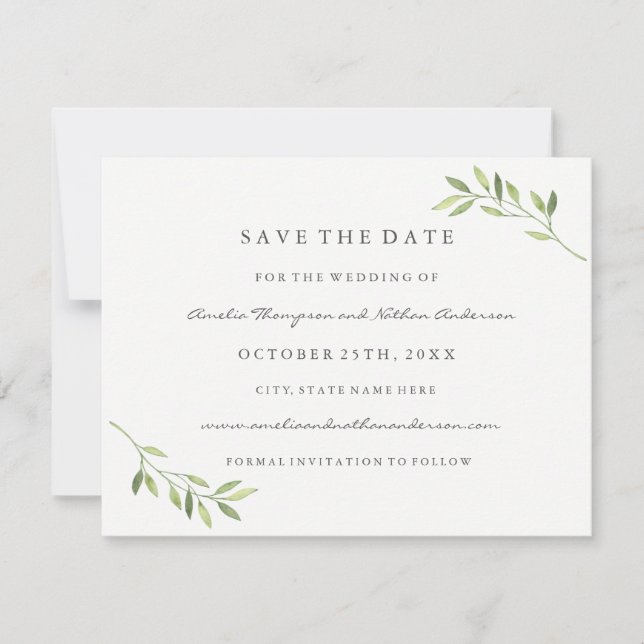 Save The Date Vert Aquarelle Leaf Mariage Enregistrer La Date (Devant)