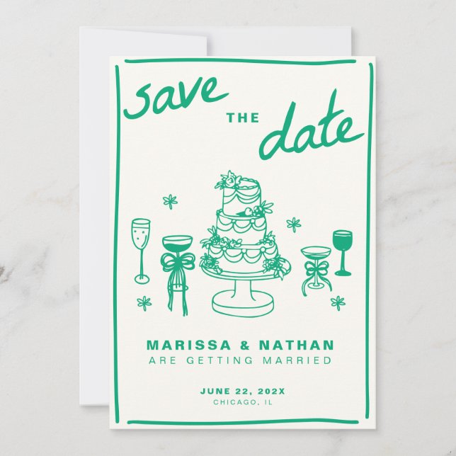 Save The Date Vert dessiné ensemble Mariage avec photo (Devant)