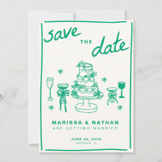 Save The Date Vert dessiné ensemble Mariage avec photo