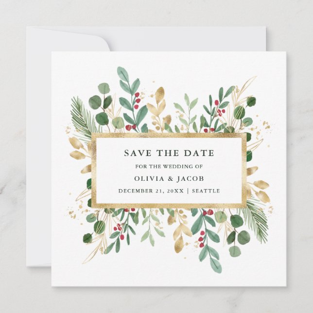 Save The Date Vert doré sur blanc | Noël (Devant)